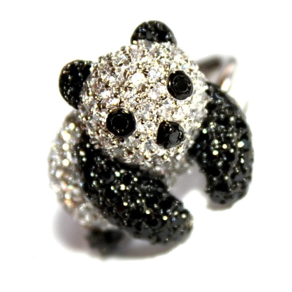 Panda Teddy Bear Super Cute Fun Black White Cubic Zirconia Cz Ring Size 10